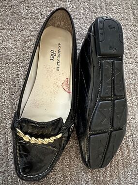 Anne Klein Black Patent Loafers with Gold Chain Accent
